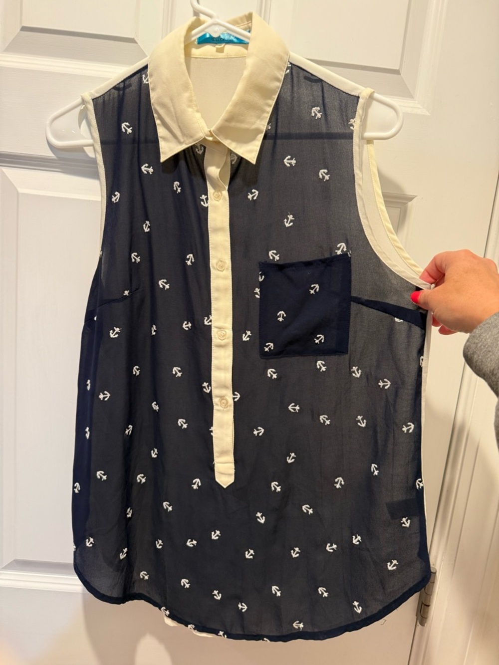 buttons Navy Sheer Anchor Print Sleeveless Blouse with Cream Trim